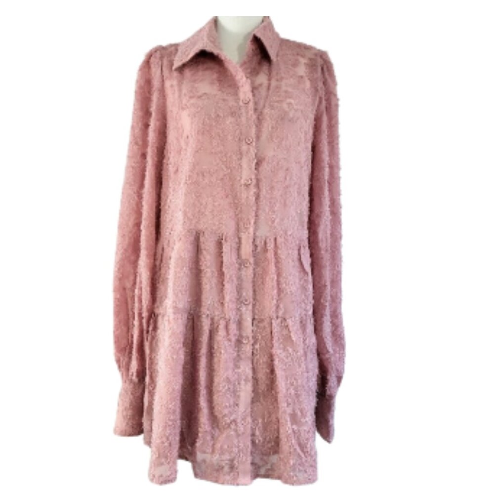 GOOD TIME USA Pink Fuzzy Button-Down Lined Layered Tunic Dress - NWT Women's XL